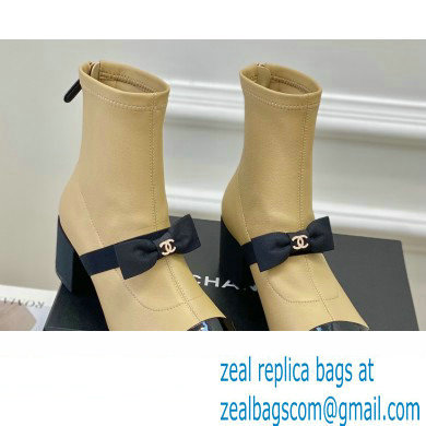 Chanel Heel 5.5cm Stretch Lambskin & Patent Calfskin Short Boots with Bow G40099 Beige 2023